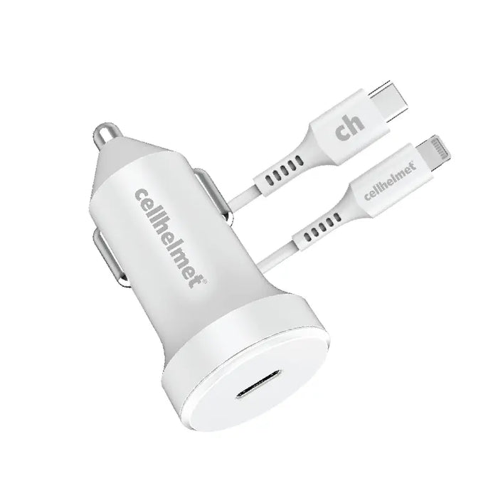 20W PD Car Plug + 3' Round Lightning Cable - Type C - White (Halo icon)